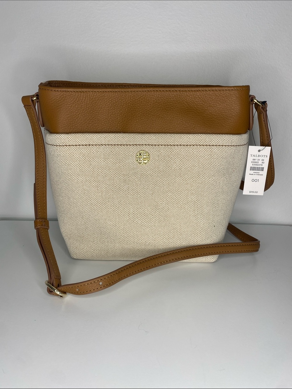Talbots Canvas Leather Crossbody Bag NWT Ivory Cognac Tan Gold $119